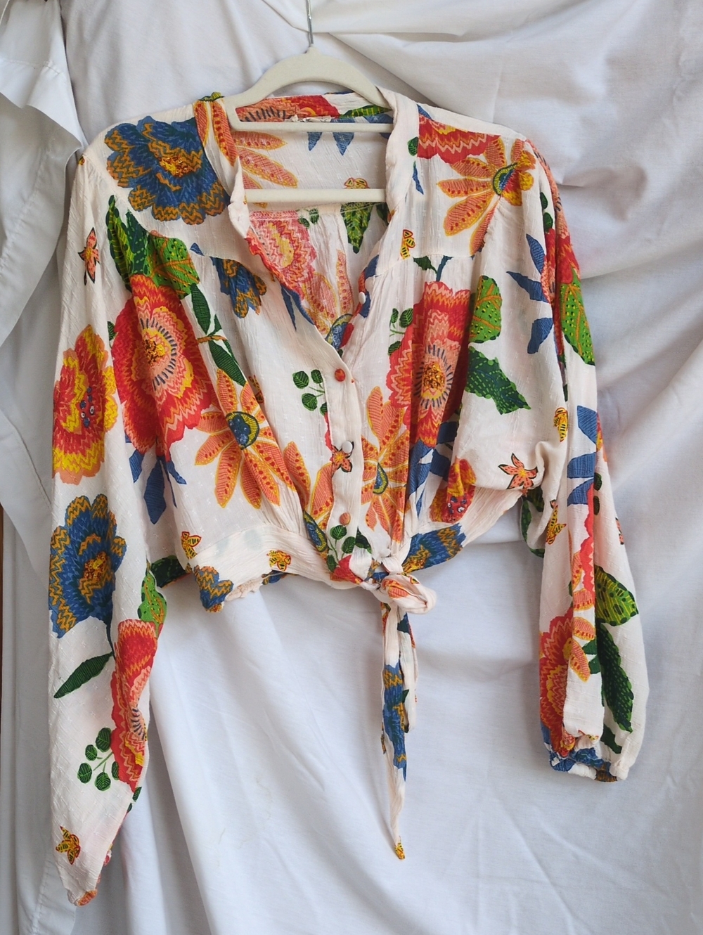 Women's Floral Tie-Front Blouse - White with Multicolor Blooms